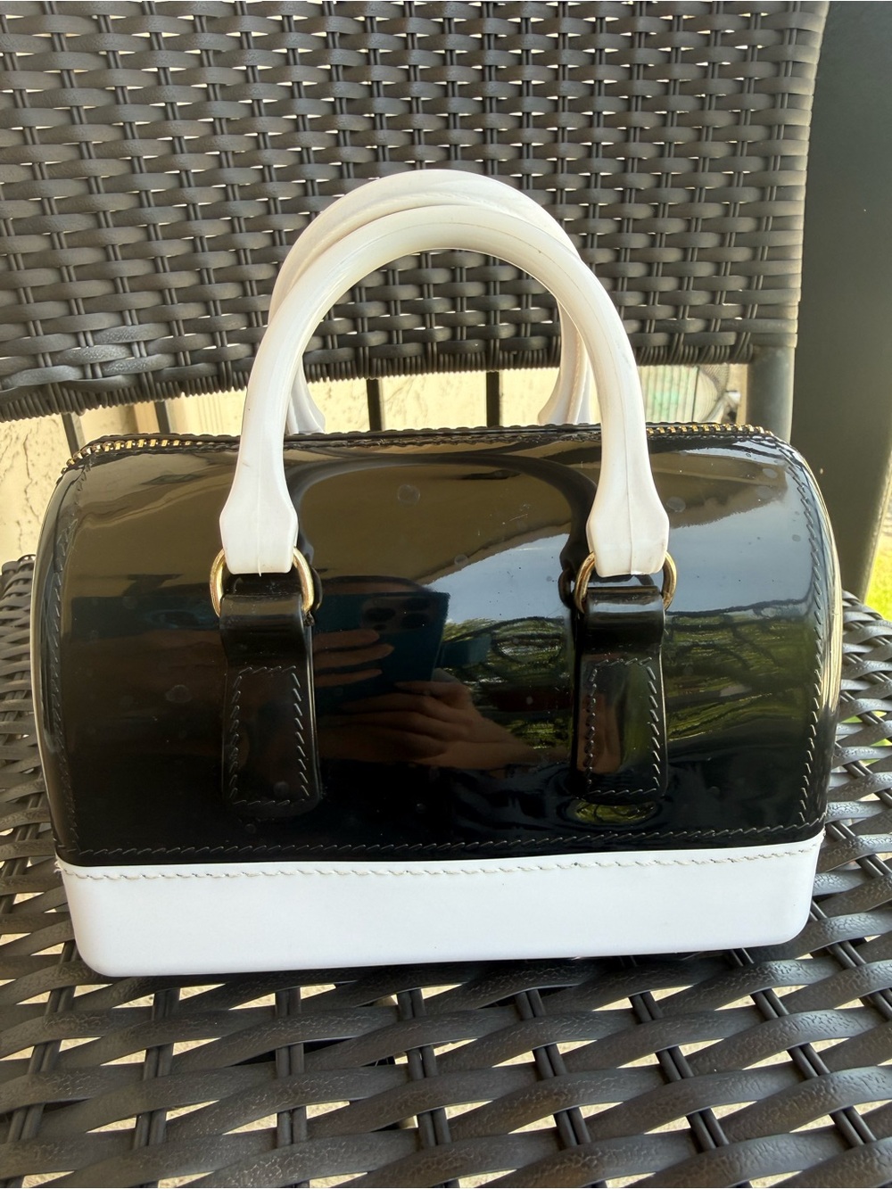 Black and White Patent Dome Satchel - Women Bags